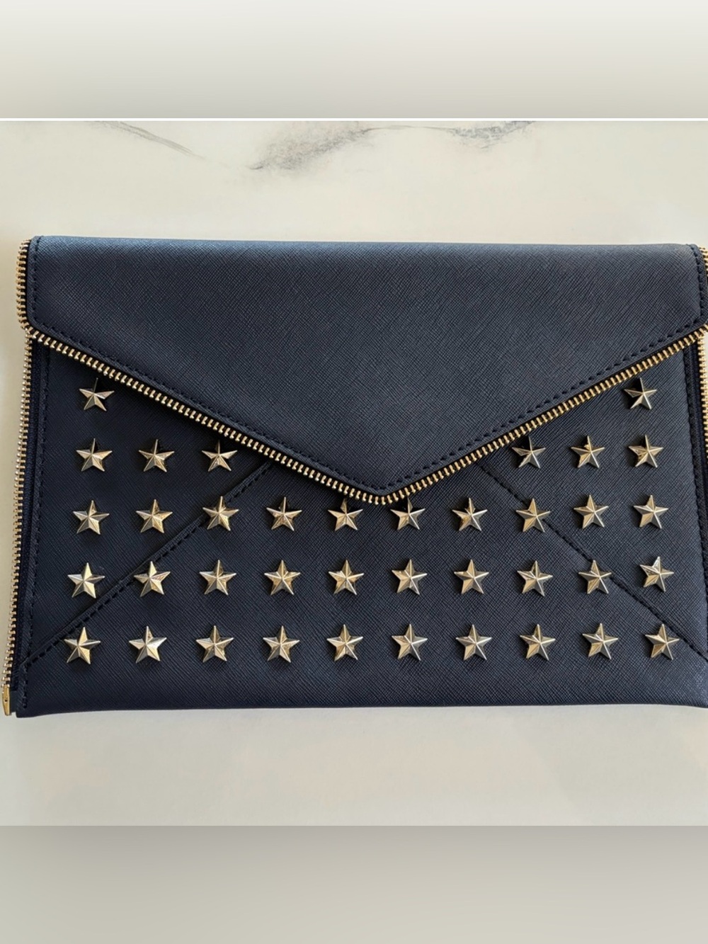 Rebecca Minkoff Zip Off Leo Pouch Envelope Clutch Navy Gold Star Studding NWOT